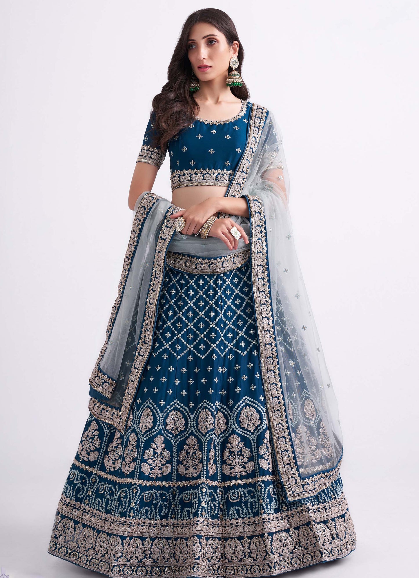 Blue Zarkan Embroidery with White Dupatta Net Bridesmaid Lehenga