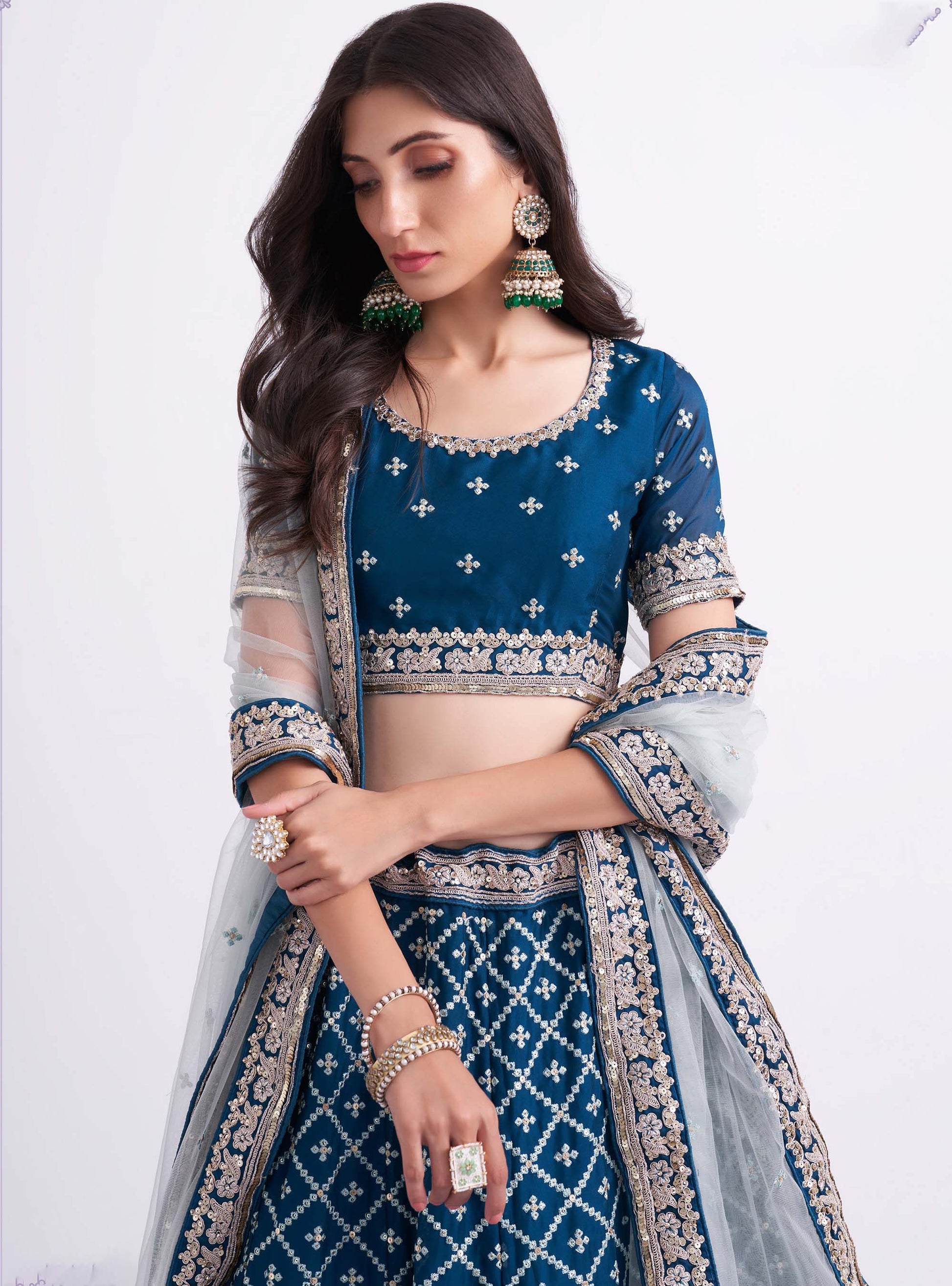 Blue Zarkan Embroidery with White Dupatta Net Bridesmaid Lehenga