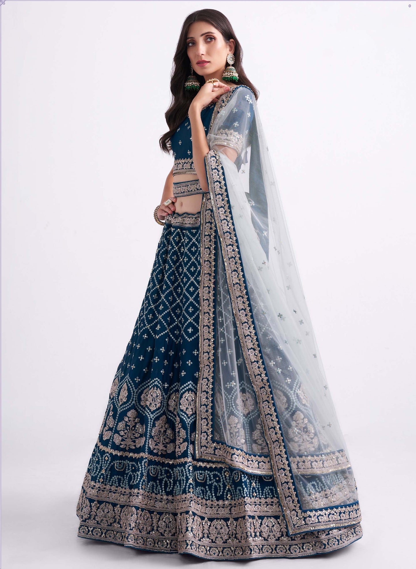 Blue Zarkan Embroidery with White Dupatta Net Bridesmaid Lehenga