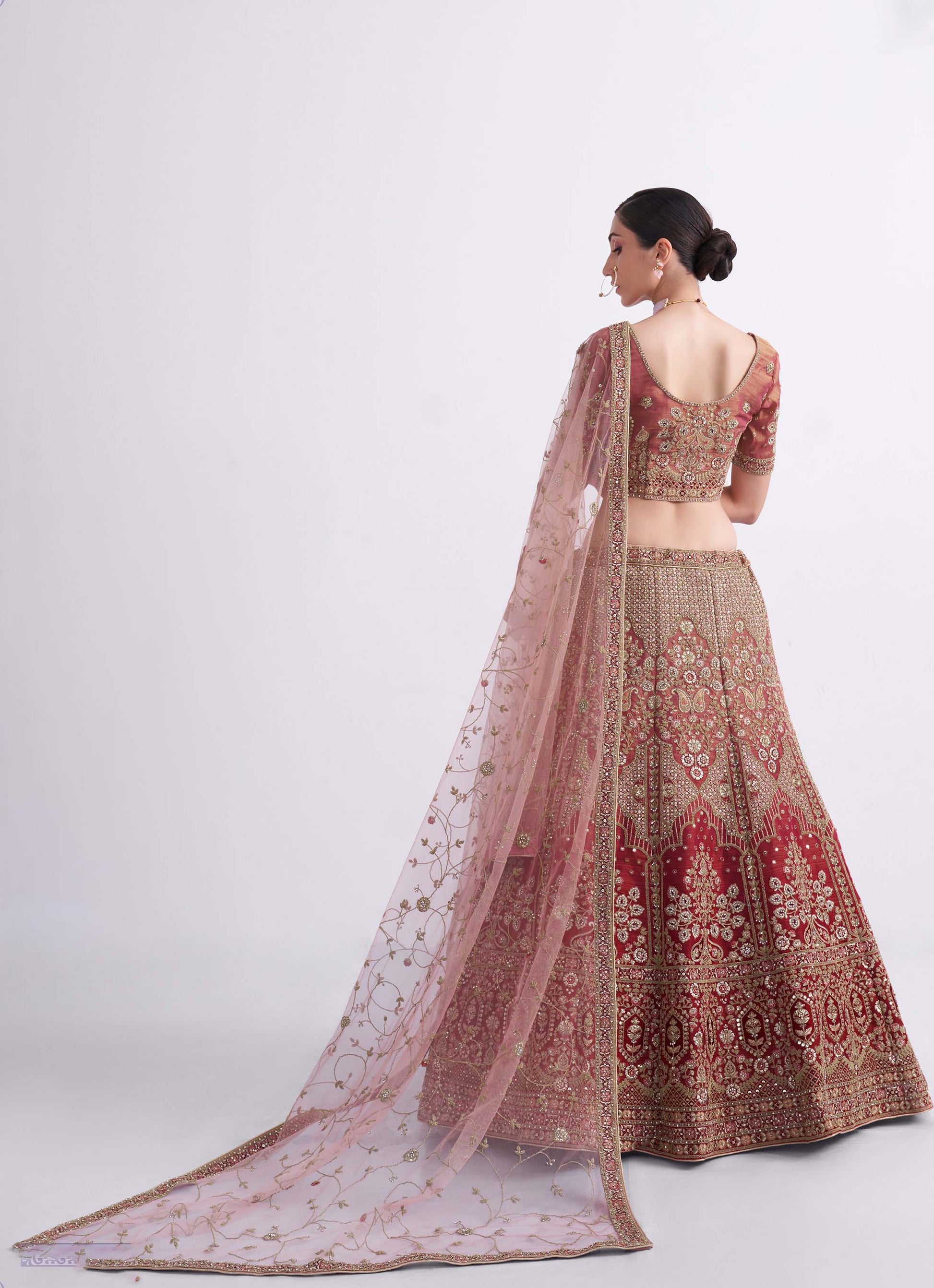 Shaded Rust Orange Zarkan Embroidery Net Bridesmaid Lehenga