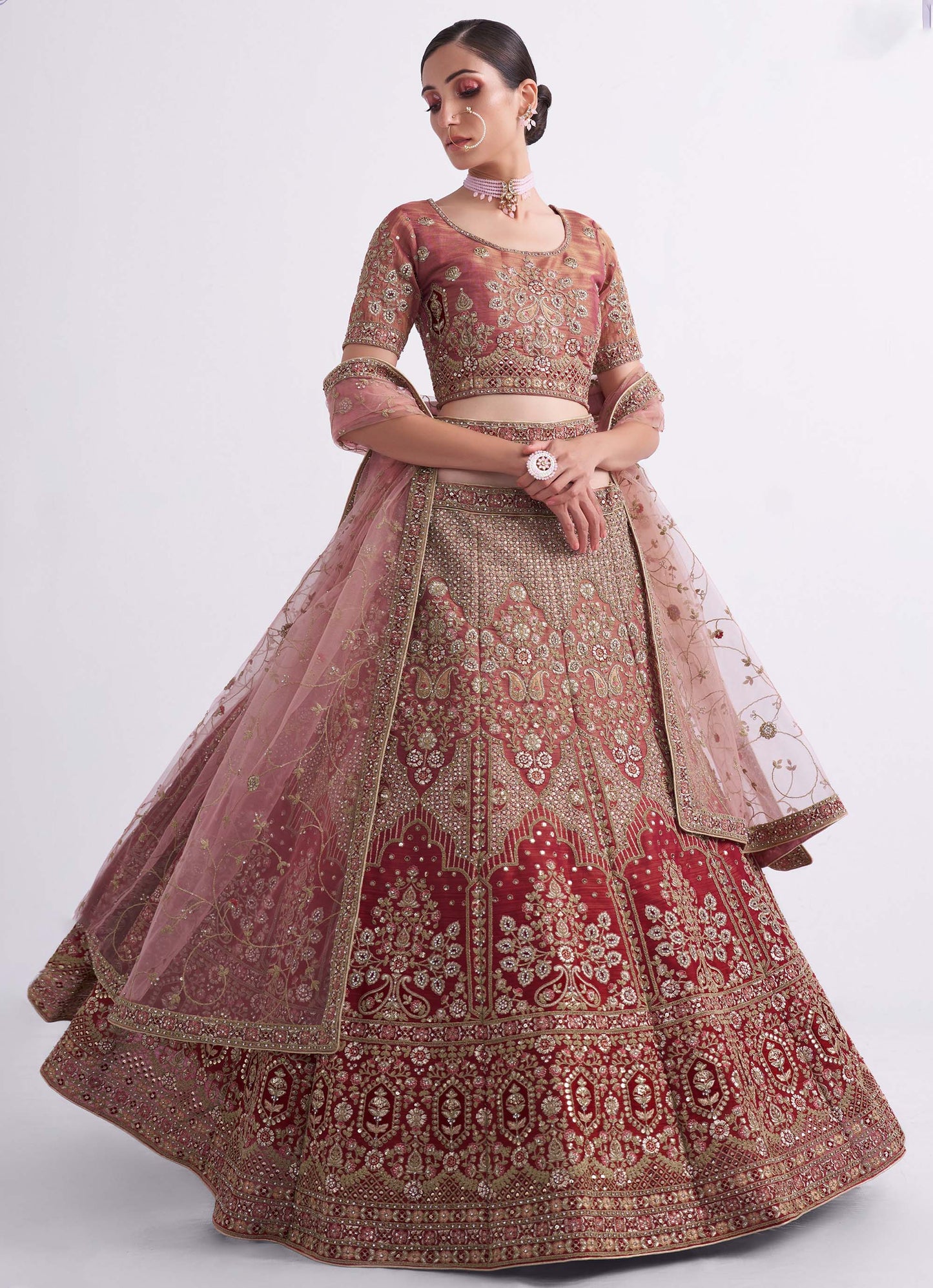 Shaded Rust Orange Zarkan Embroidery Net Bridesmaid Lehenga