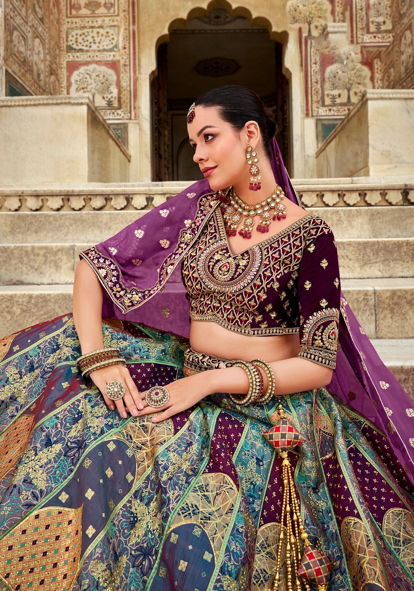 Purple and Blue Sequence and Zarkan Embroidered Banarasi Silk Bridal Lehenga 