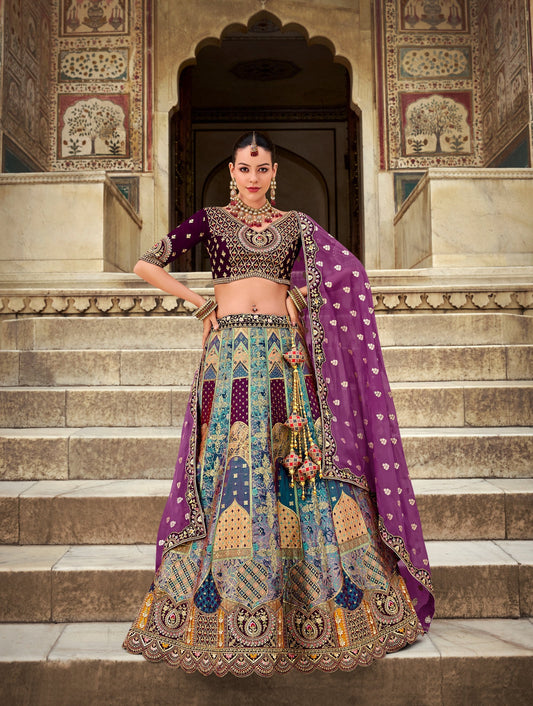 Purple and Blue Sequence and Zarkan Embroidered Banarasi Silk Bridal Lehenga 