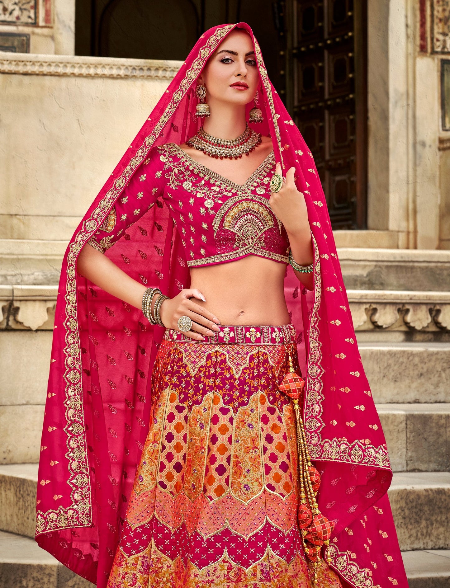 Pink and Yellow Zarkan and Sequence Embroidered Banarasi silk Bridal Lehenga