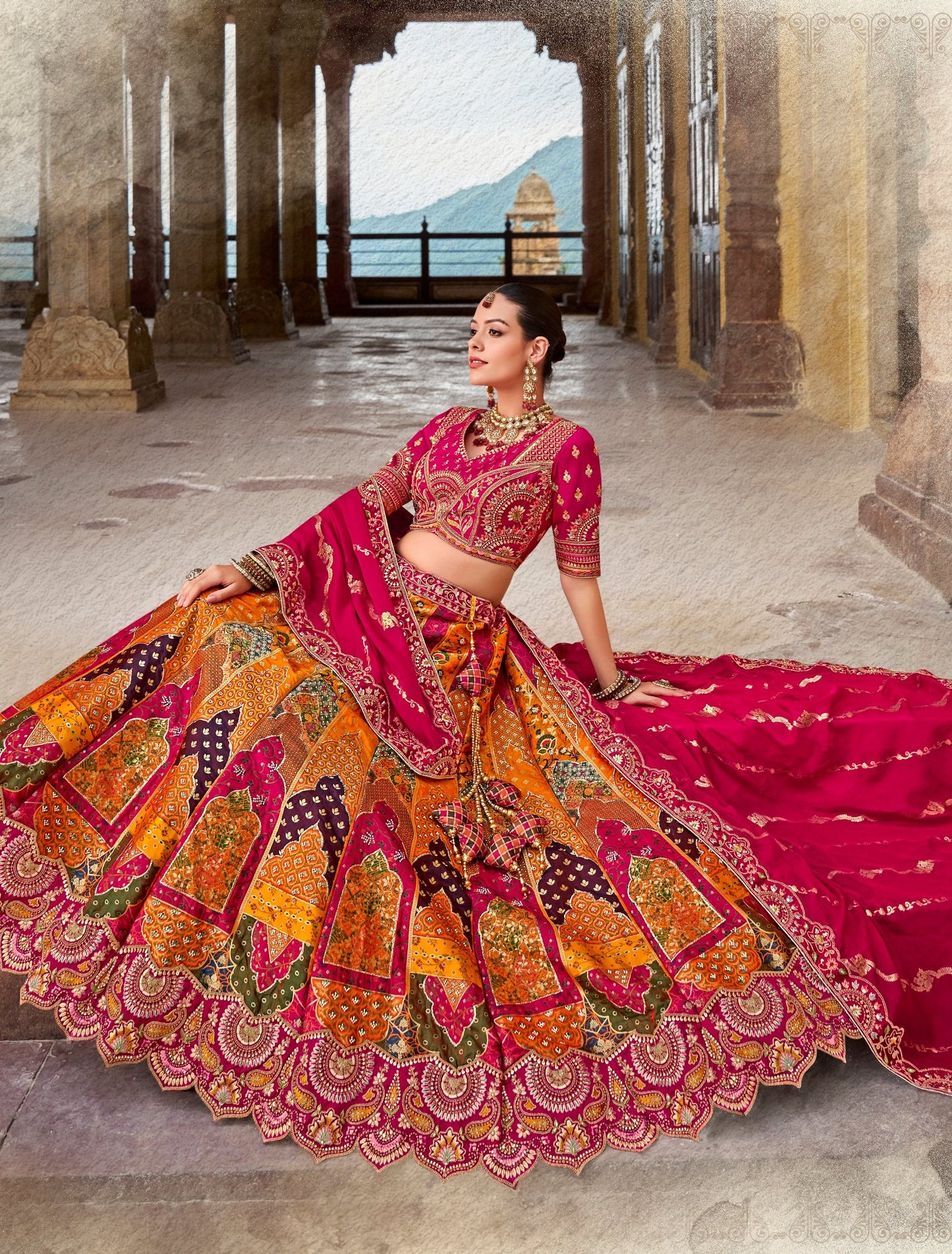 Pink and Yellow Zarkan and Sequence Embroidered Banarasi silk Bridal Lehenga