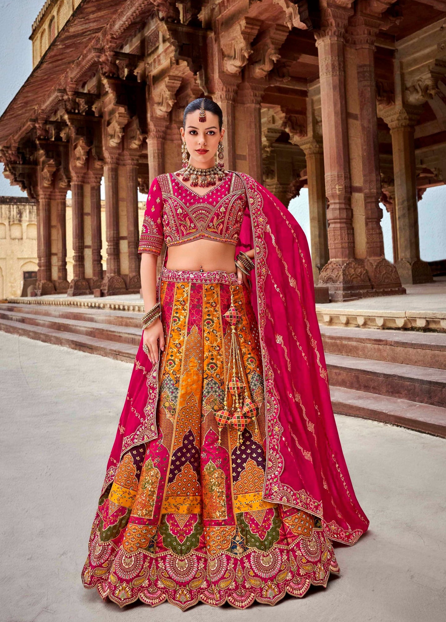 Pink and Yellow Zarkan and Sequence Embroidered Banarasi silk Bridal Lehenga