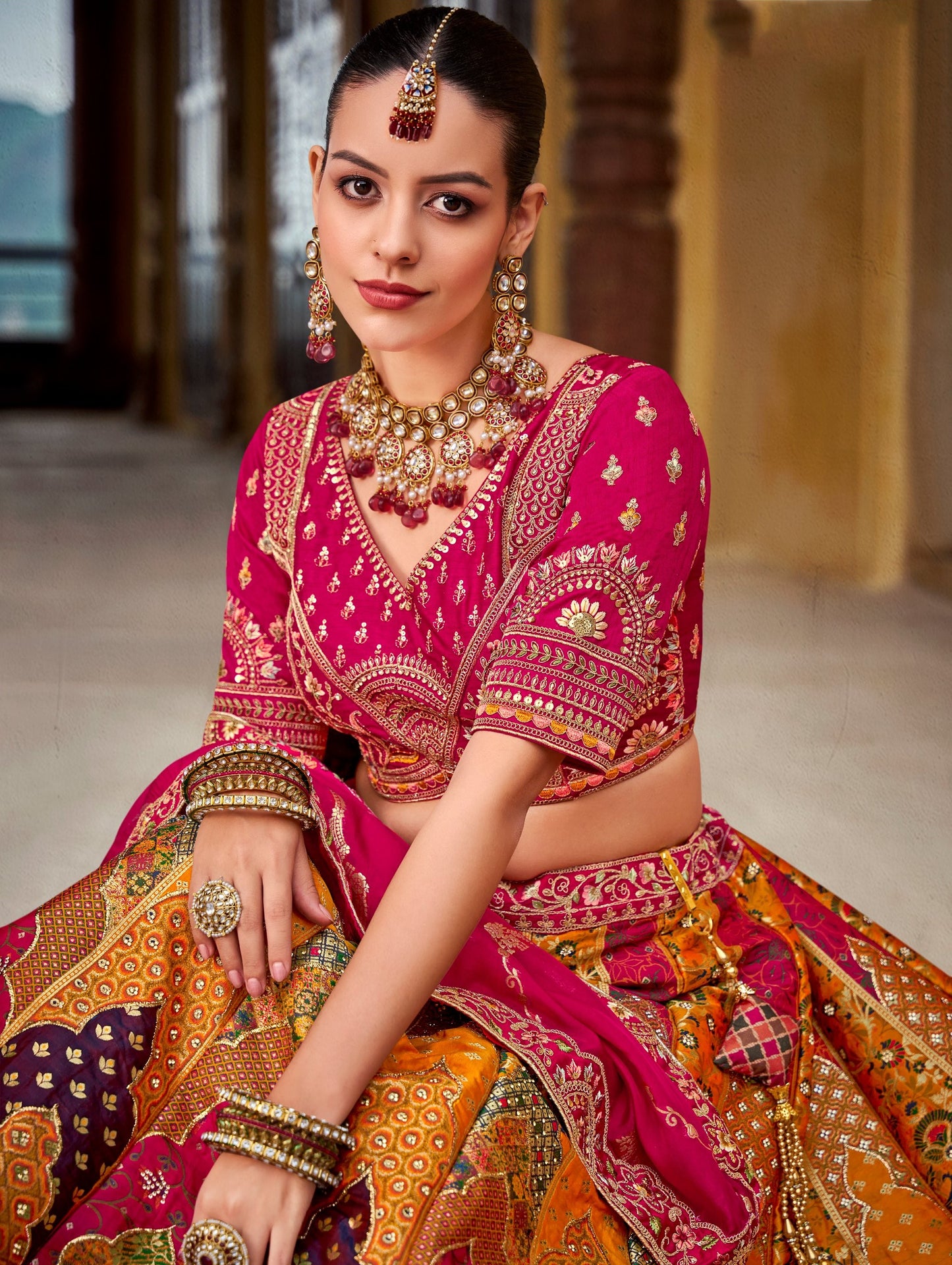 Pink and Yellow Zarkan and Sequence Embroidered Banarasi silk Bridal Lehenga