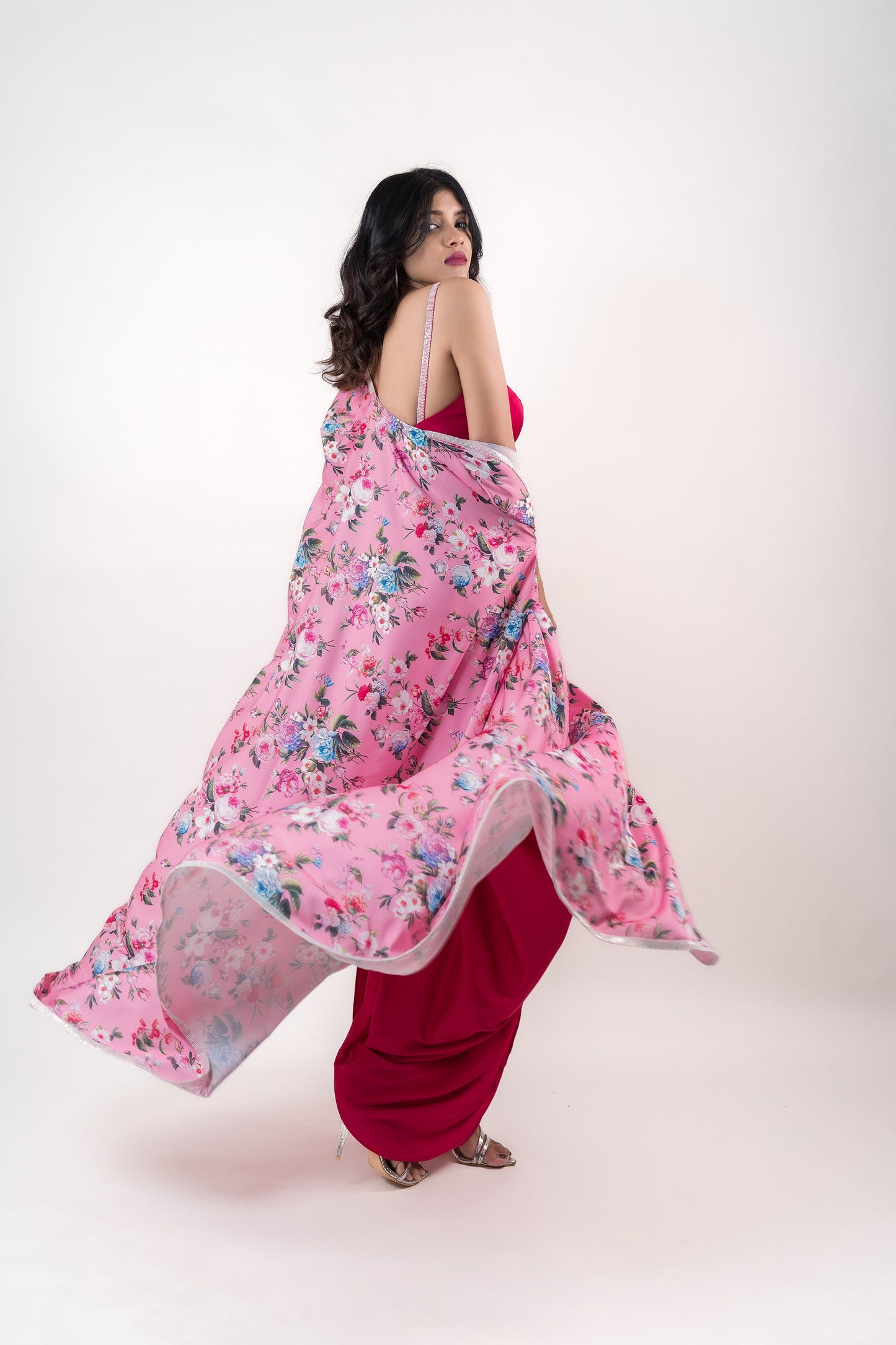 Hot pink crop top, Draped dhoti style skirt , playful printed shrug - Ensemble