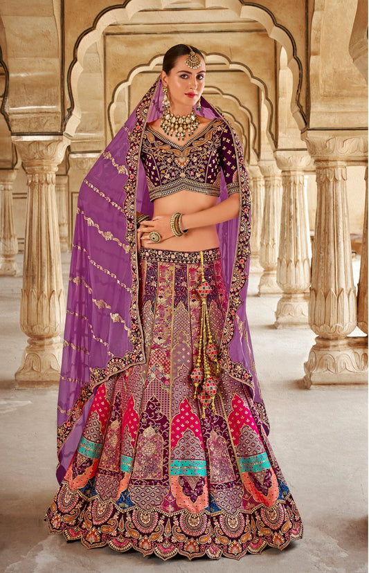 Purple Sequence and Zarkan Embroidered Banarasi Silk Bridal Lehenga