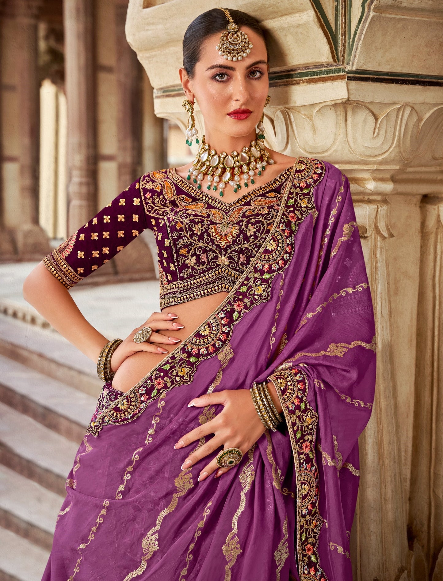 Purple Sequence and Zarkan Embroidered Banarasi Silk Bridal Lehenga