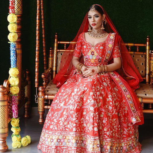 Scarlet Raw Silk Zardosi meera lehenga