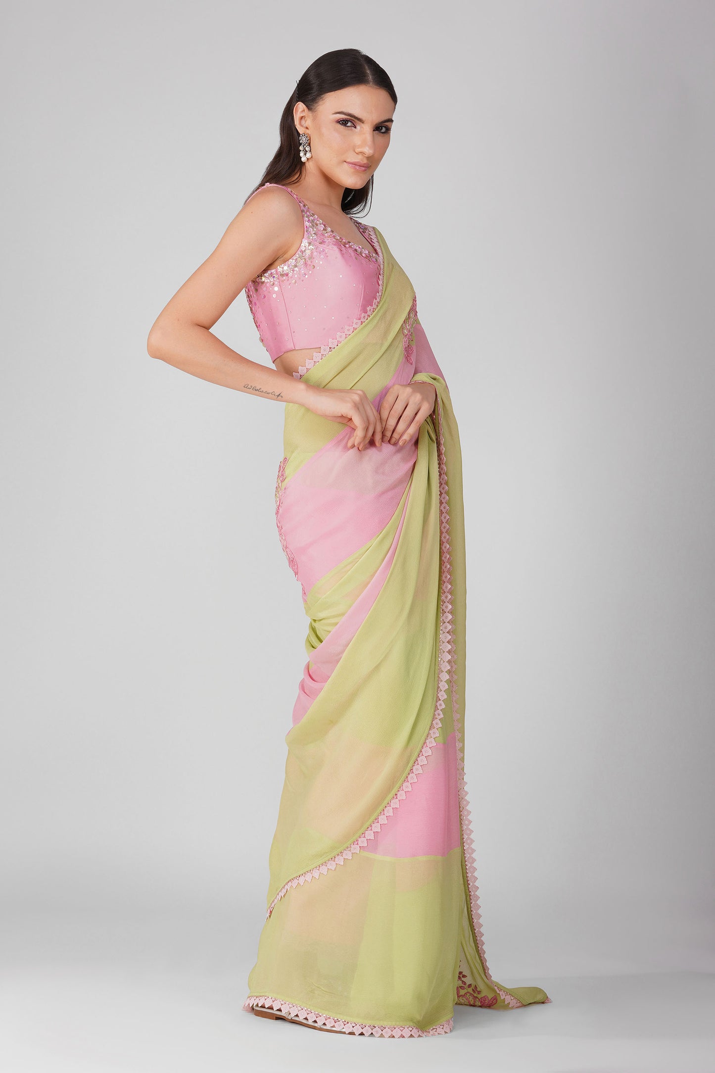 Starry Rose Striped Saree Set