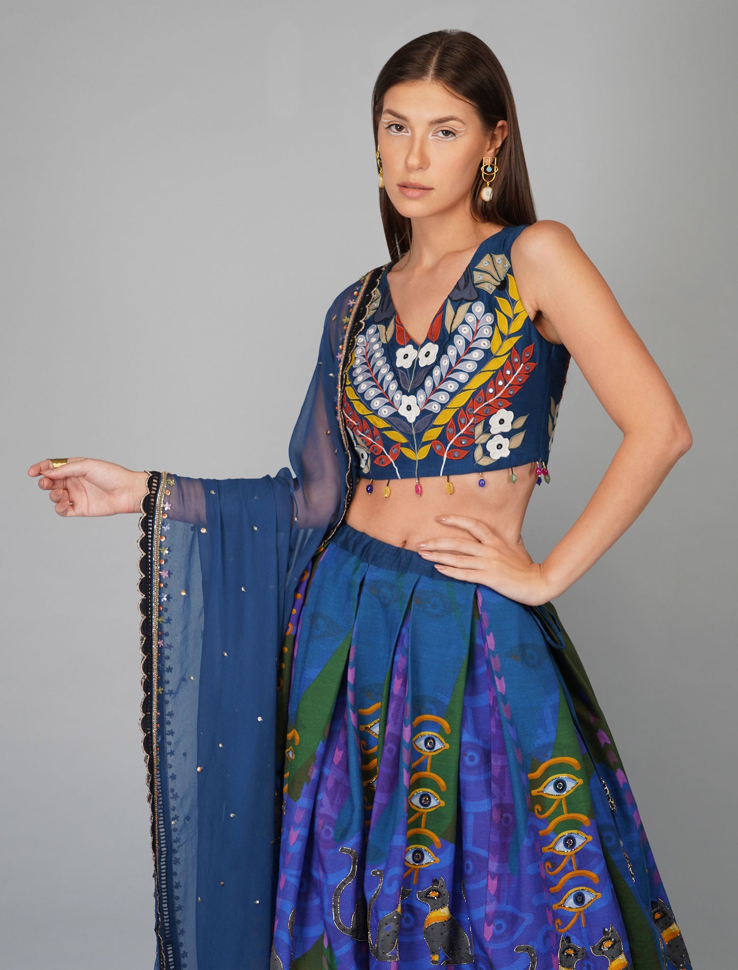 Egyptian Blue Print Designer Lehenga Set