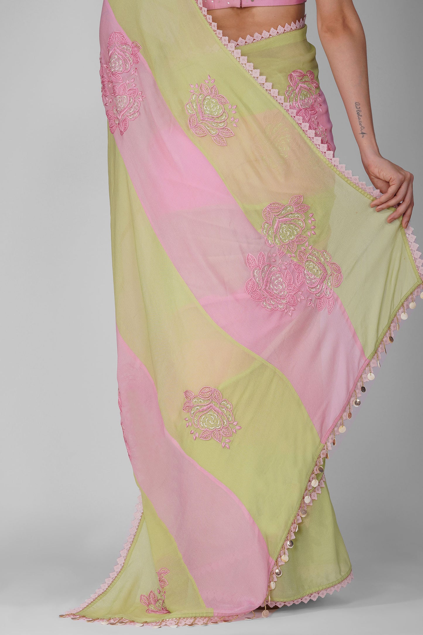 Starry Rose Striped Saree Set