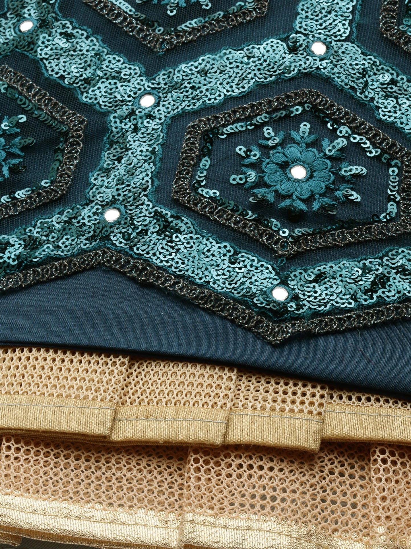 Women Teal Net Embroidered Sequins Semi-Stitched Lehenga & Unstitched Blouse with Dupatta