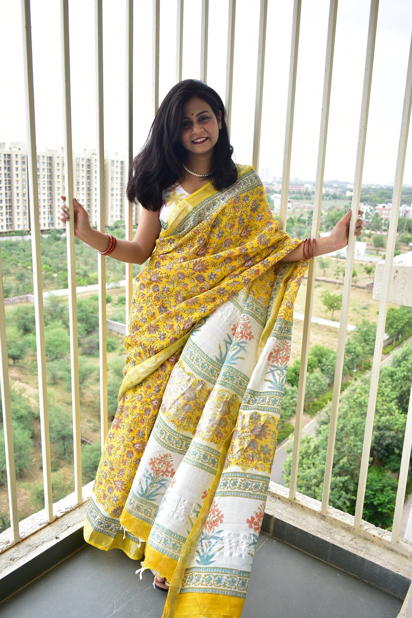 Marigold - White and Yellow Handblock Print Natural Dyed - Linen Cotton Saree