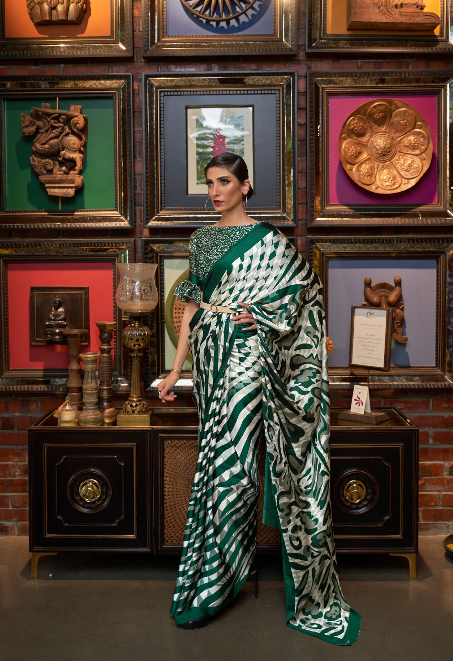 Green Stripes Kalizey Printed Japan Satin Saree