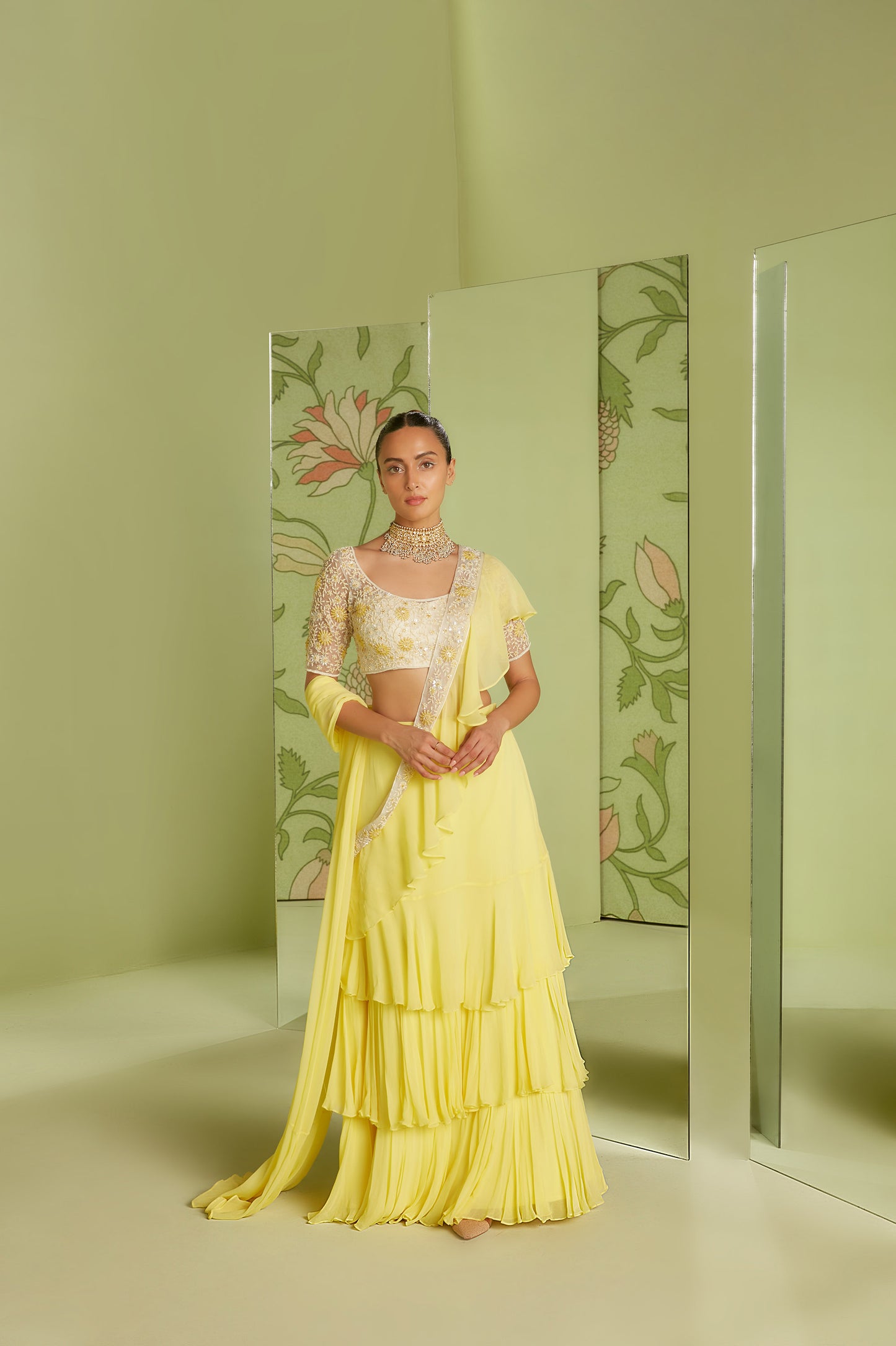 Daffodil Yellow Ruffle Georgette Hunar Wedding Saree