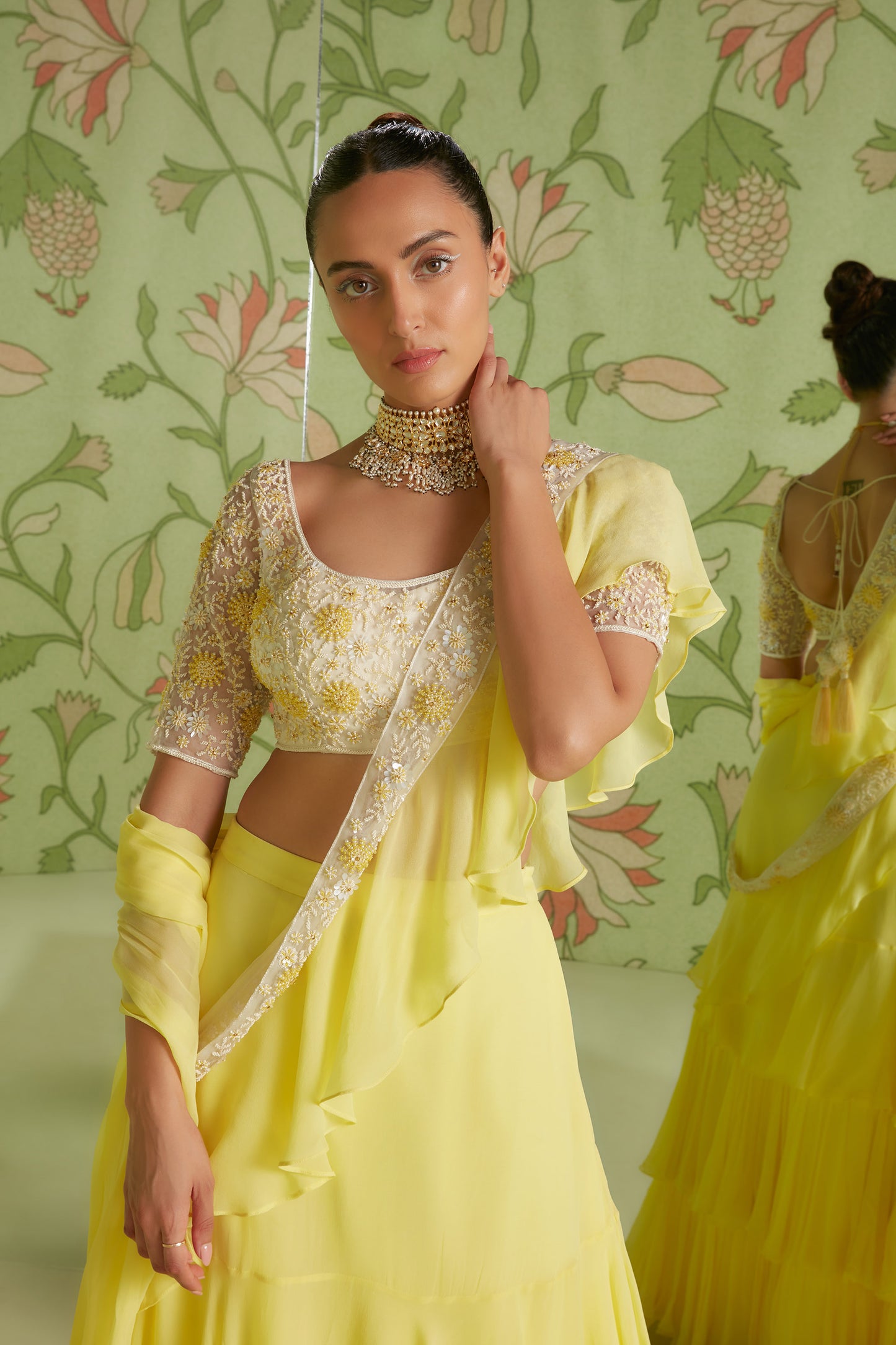 Daffodil Yellow Ruffle Georgette Hunar Wedding Saree