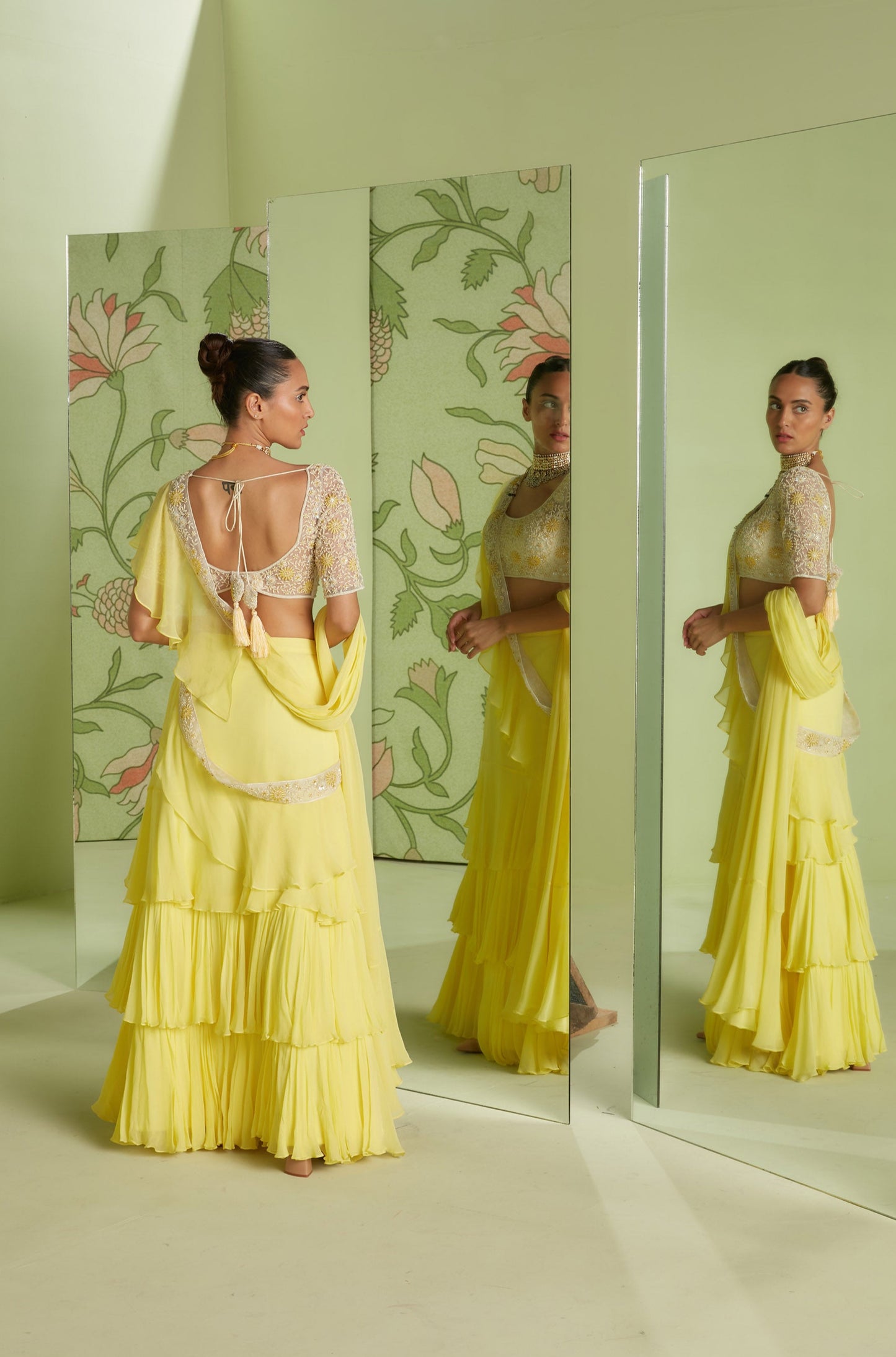 Daffodil Yellow Ruffle Georgette Hunar Wedding Saree