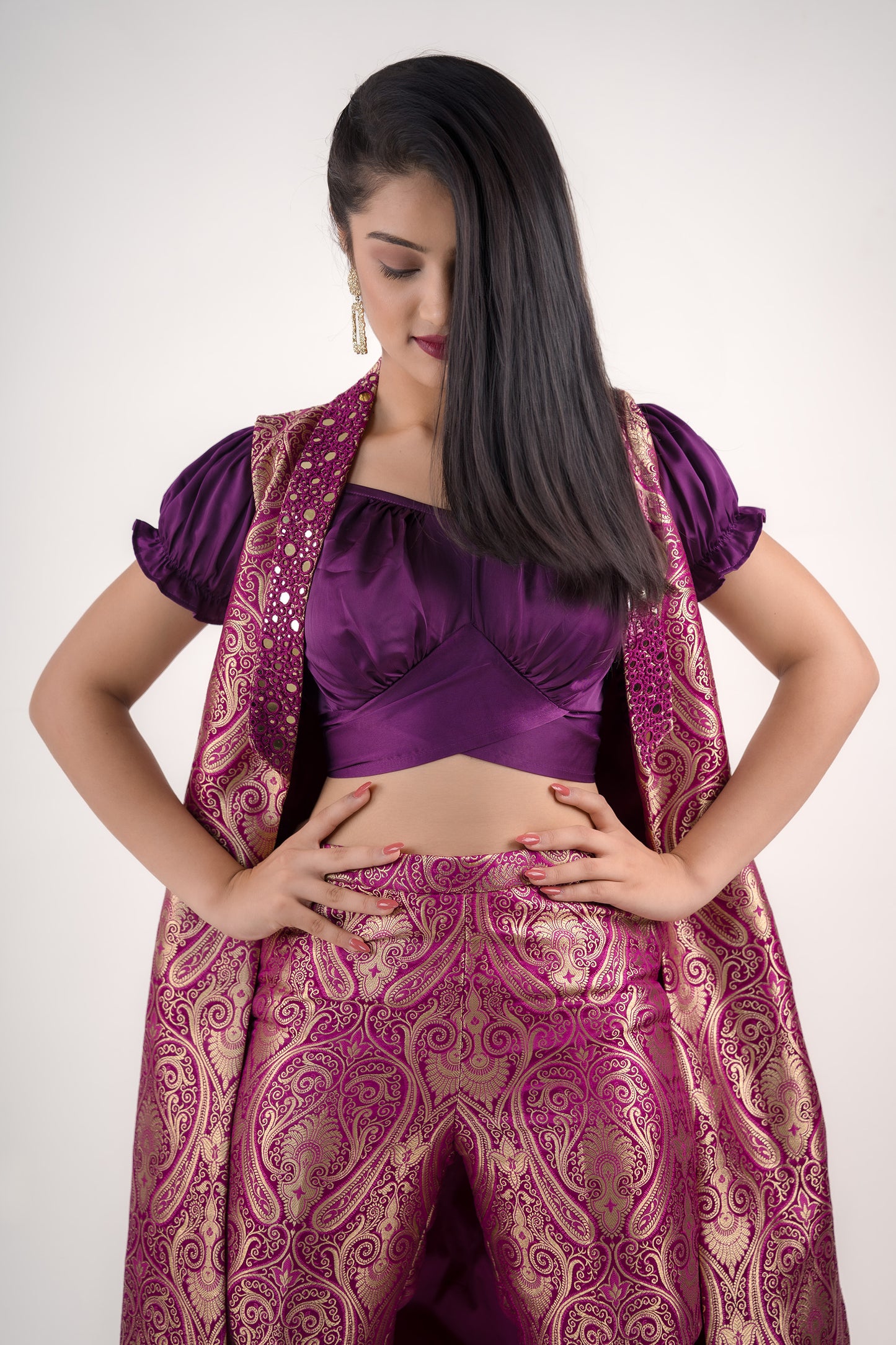 Royal Purple Crop Top with Ideal Brocade Sleeveless Long Open Jacket & Cigar Pants