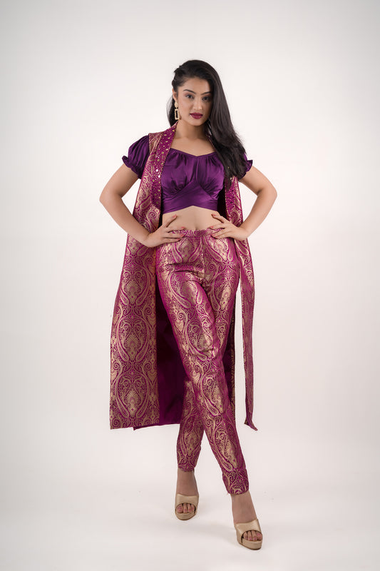 Royal Purple Crop Top with Ideal Brocade Sleeveless Long Open Jacket & Cigar Pants