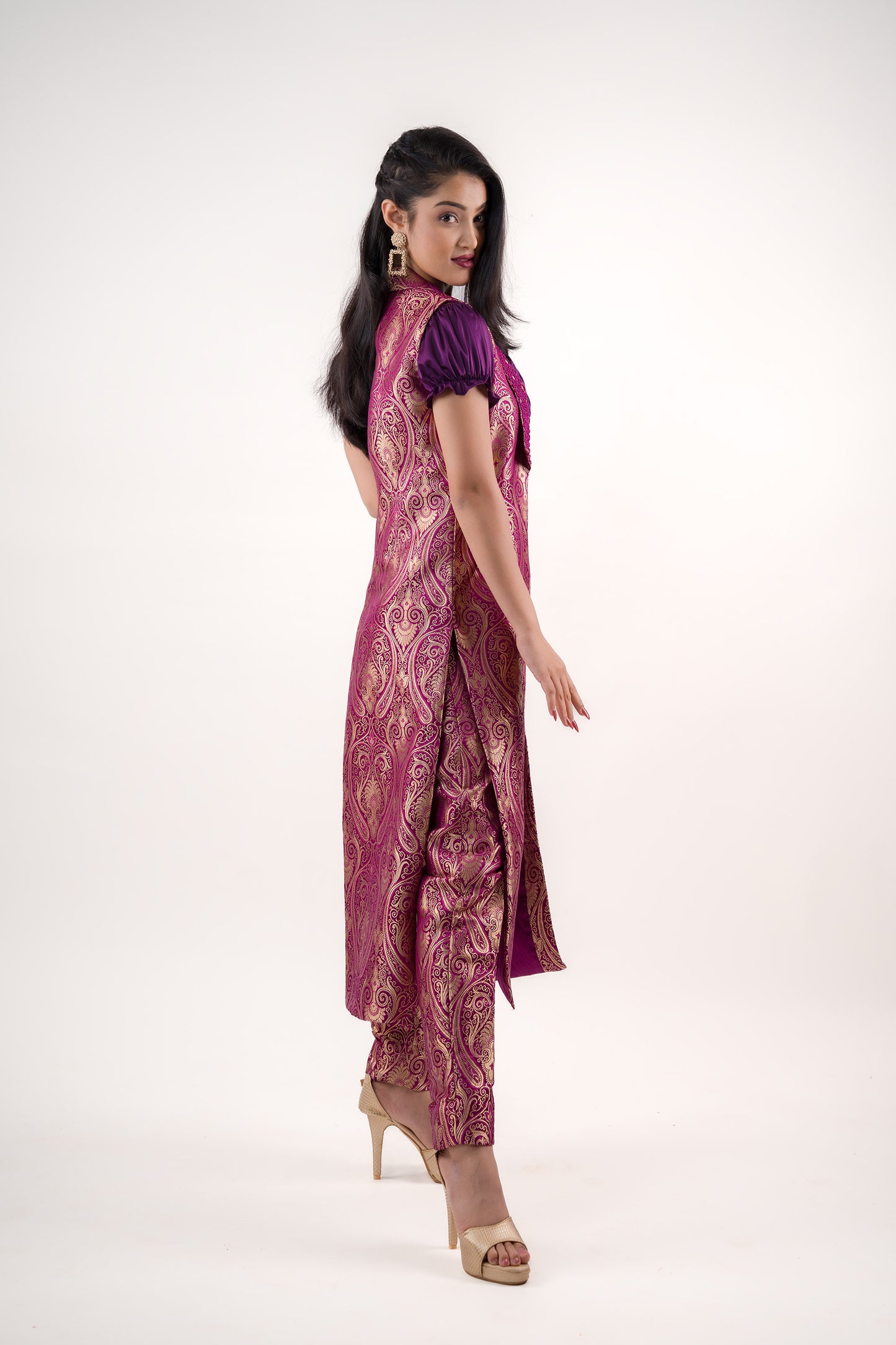 Royal Purple Crop Top with Ideal Brocade Sleeveless Long Open Jacket & Cigar Pants