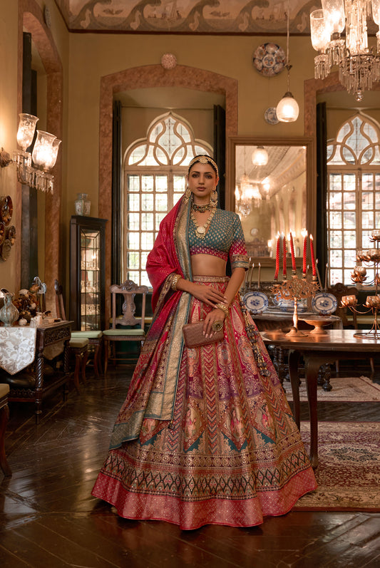 Sky Blue and Pink Silk Stone Work Bridal Lehenga