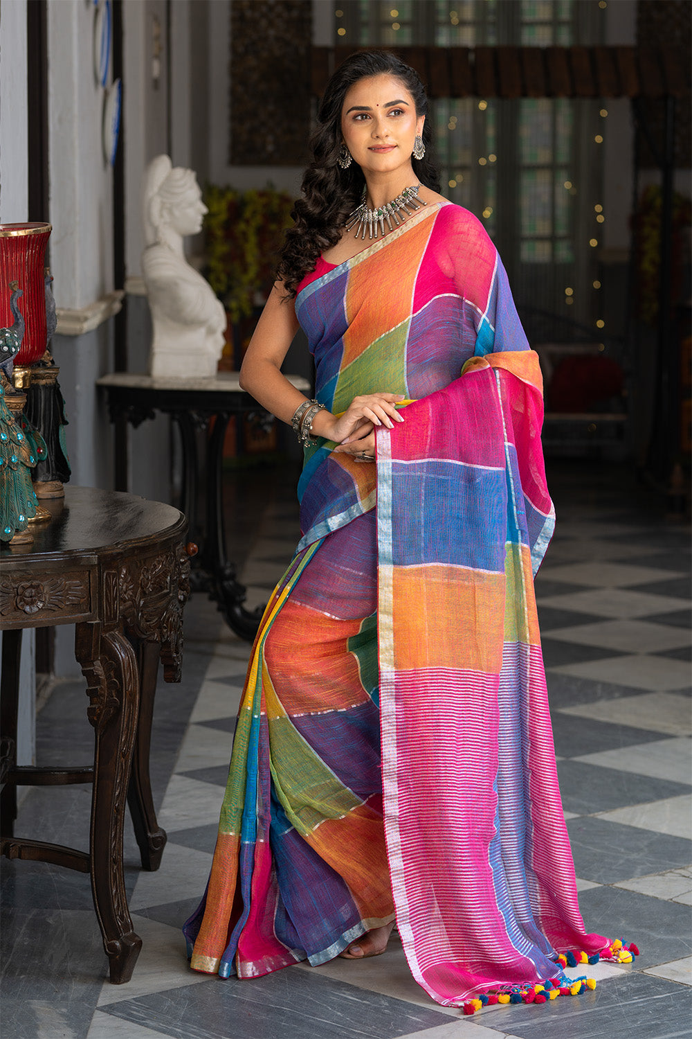 Handllom Multi Colour Linen Saree