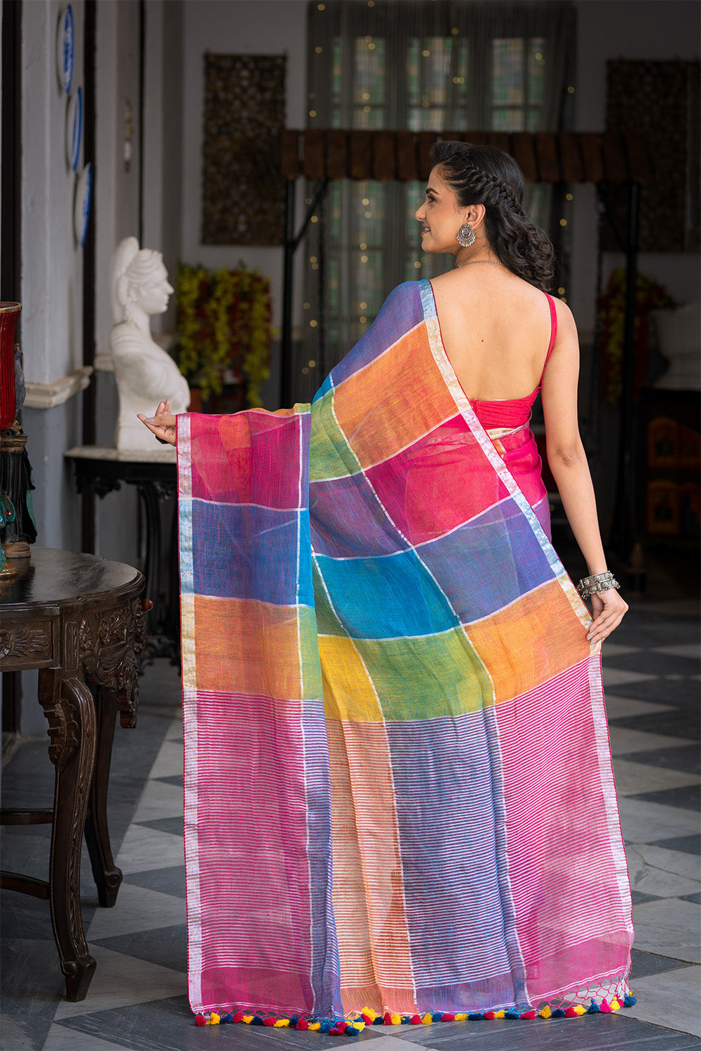 Handllom Multi Colour Linen Saree