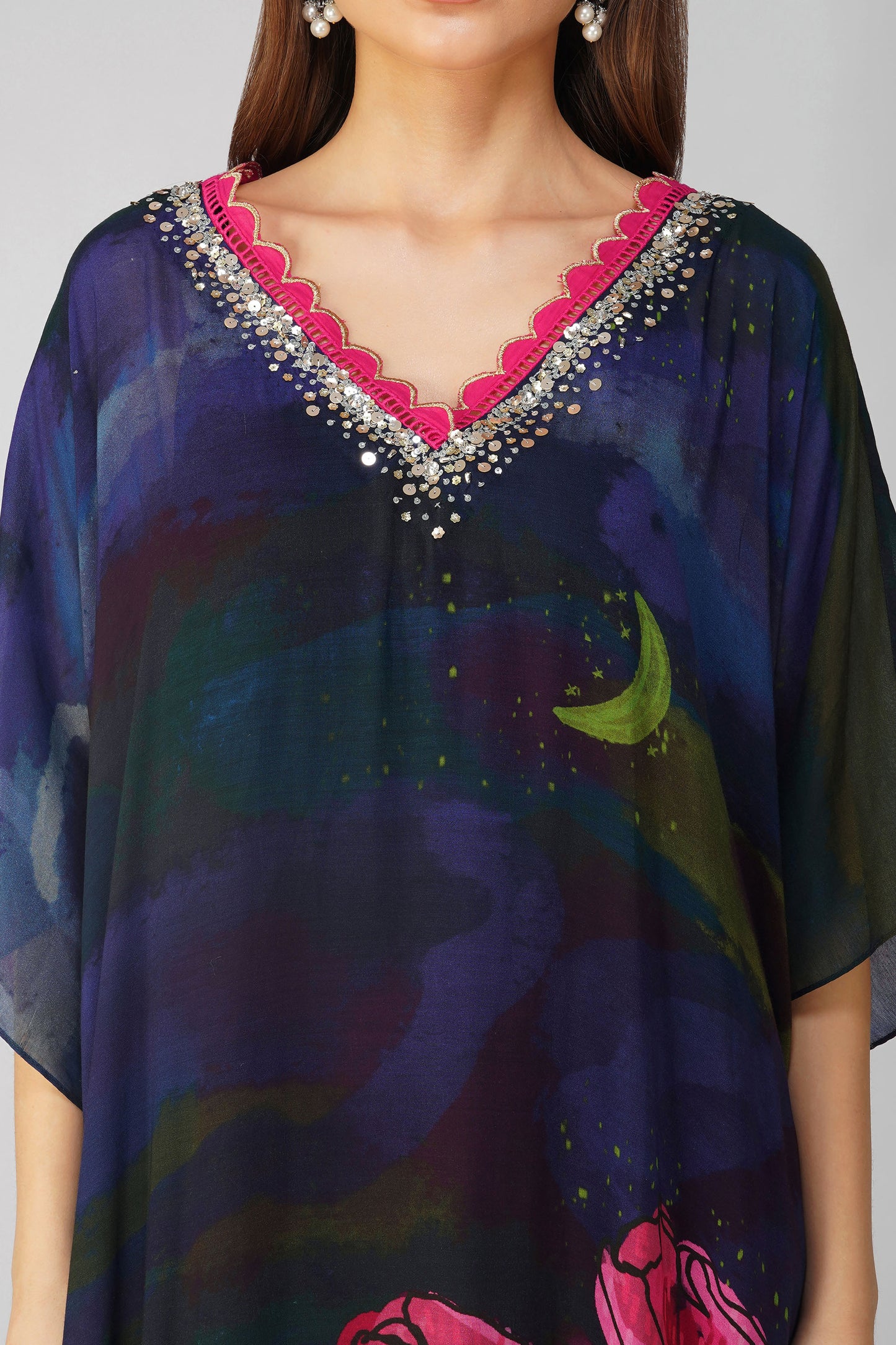 Black Muslin Big Flower Kaftan Set