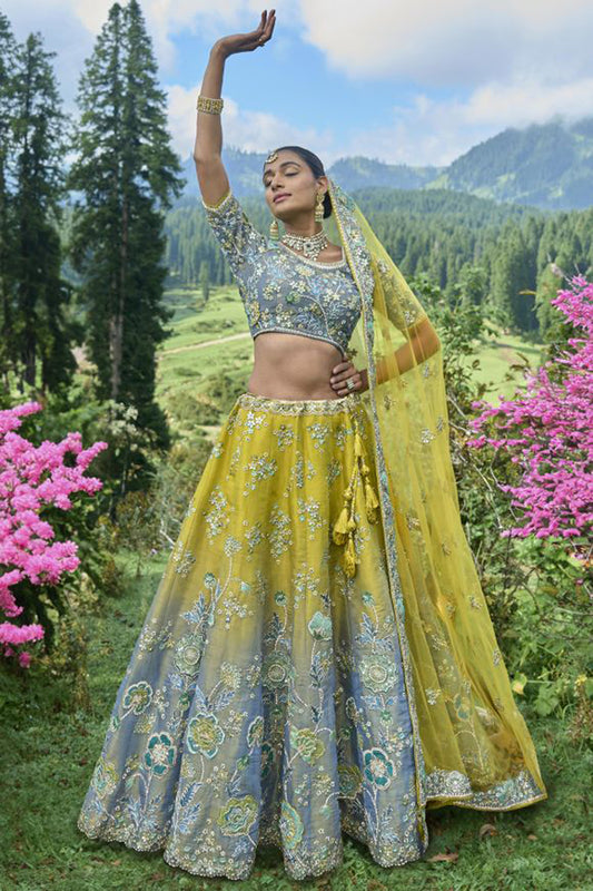 Graceful Grey Lemon Circular Lehenga Set in Tissue Zari with Silk Blouse and Lemon Dupatta