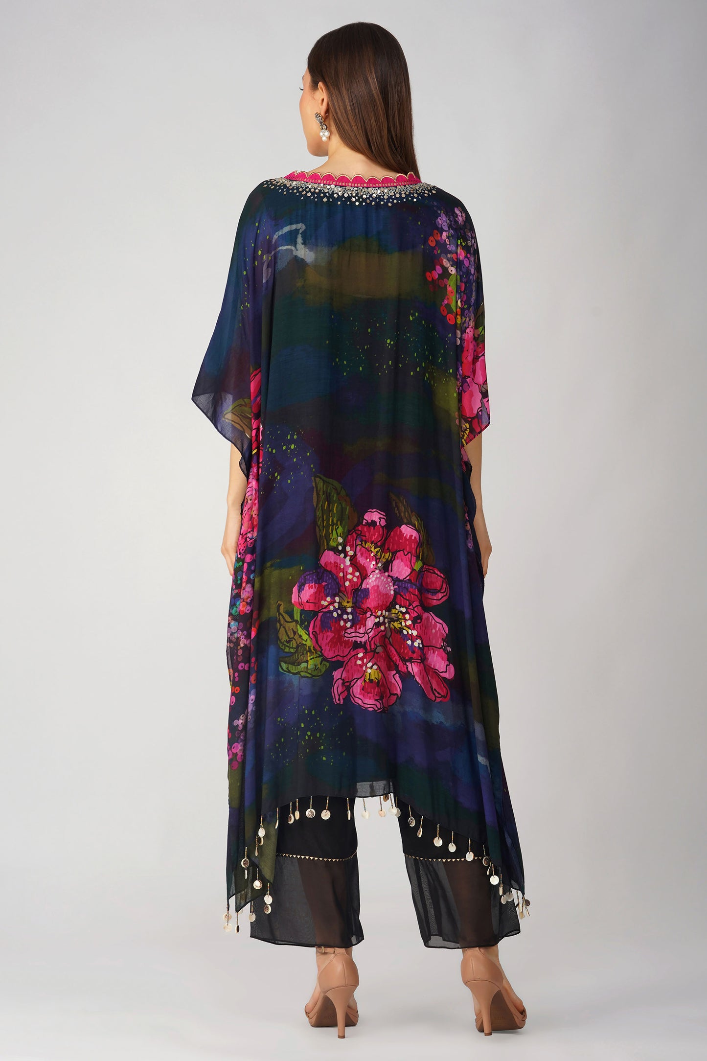 Black Muslin Big Flower Kaftan Set