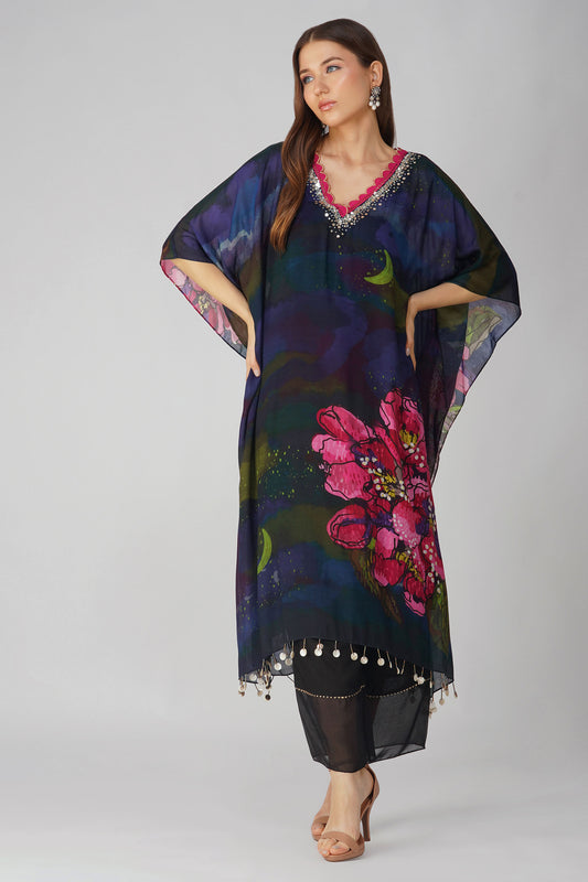 Black Muslin Big Flower Kaftan Set