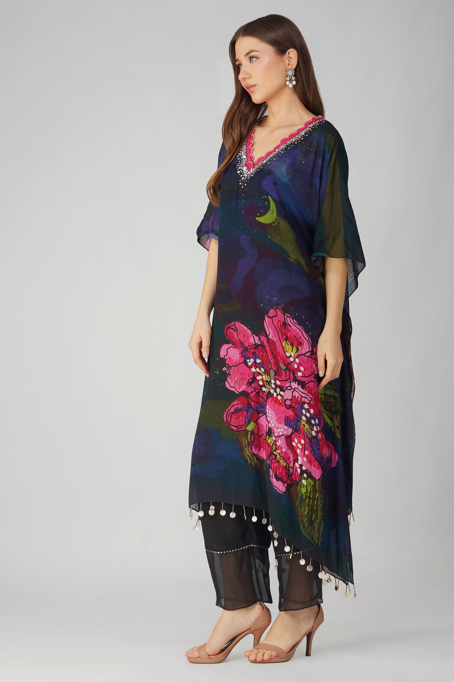 Black Muslin Big Flower Kaftan Set