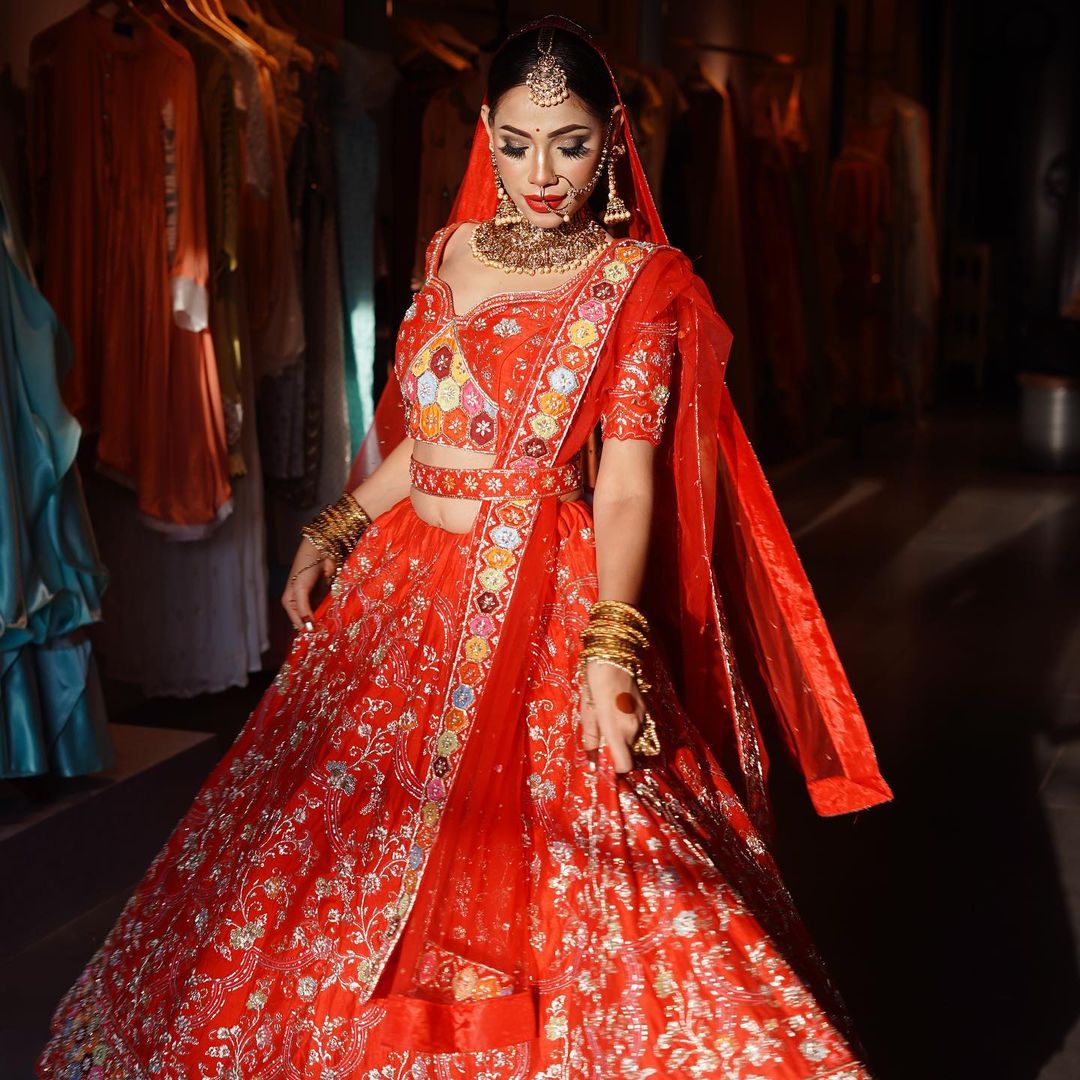 Scarlet Raw Silk Zardosi meera lehenga