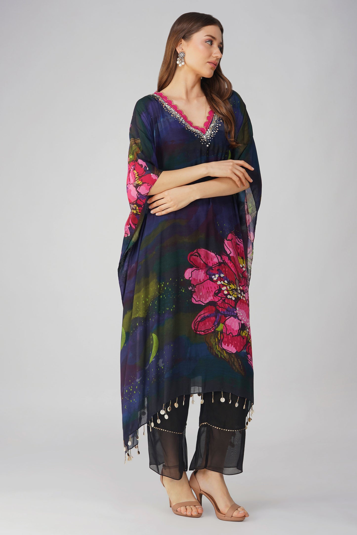 Black Muslin Big Flower Kaftan Set