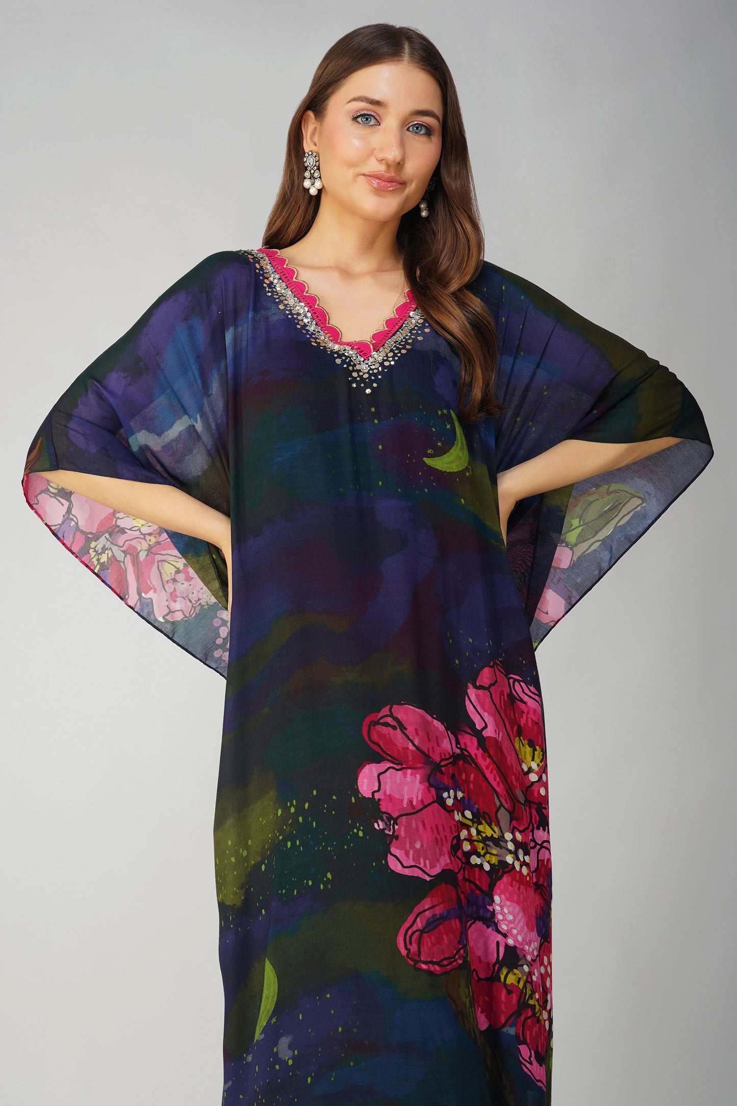 Black Muslin Big Flower Kaftan Set