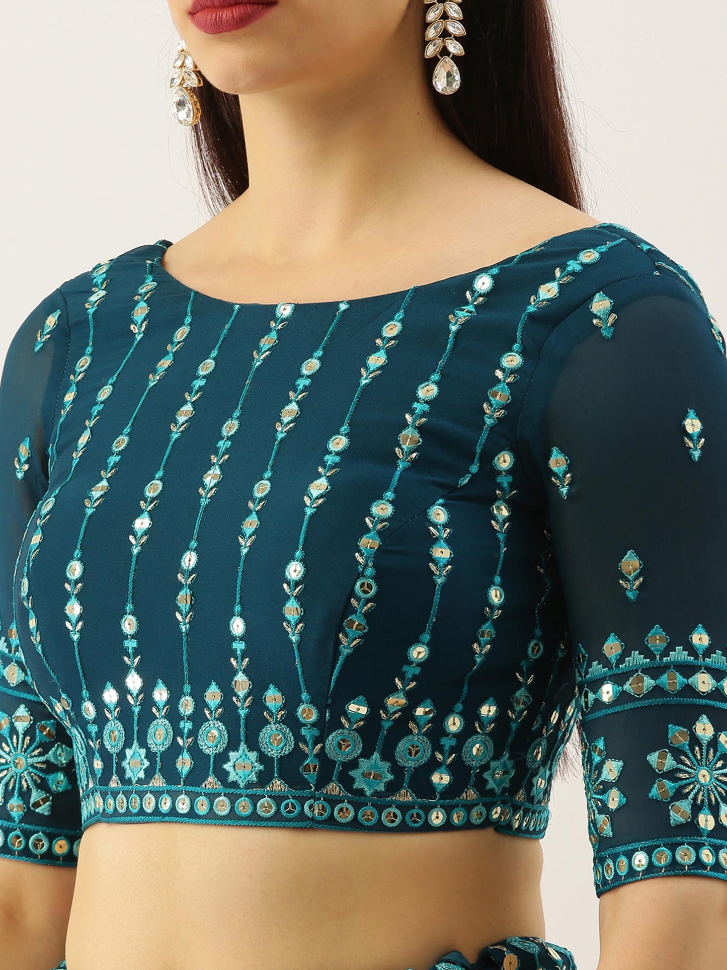 Women Teal Georgette Sequins Work Semi-Stitched Lehenga & Unstitched Blouse with Dupatta