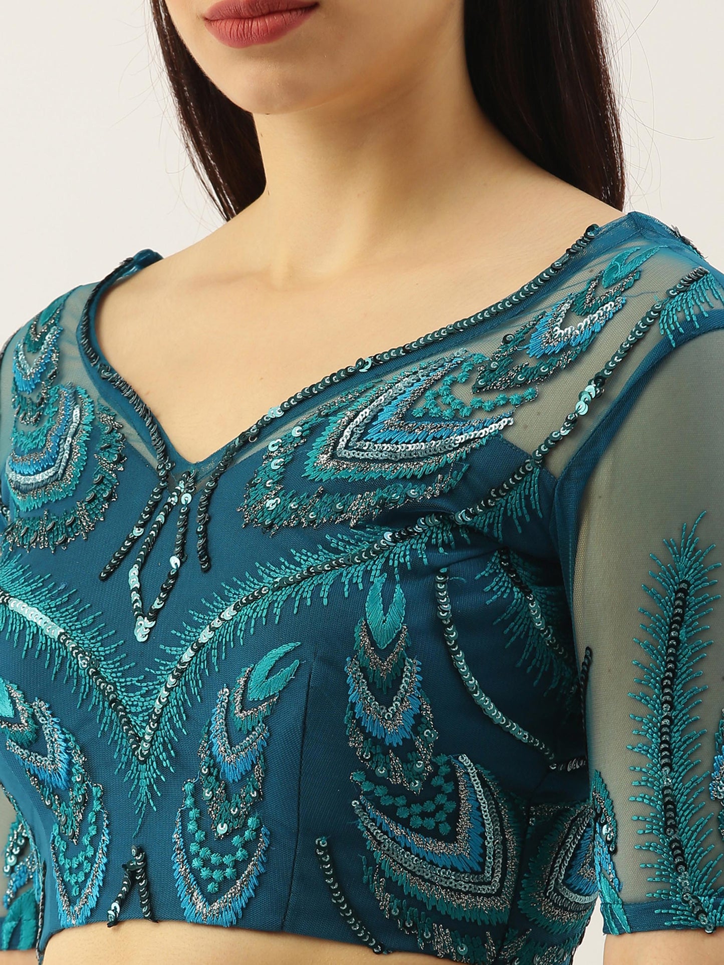 Teal Net Embroidered Sequins Lehenga Blouse with Dupatta