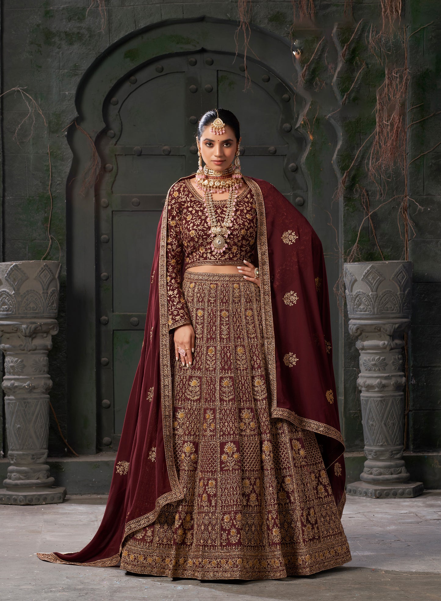 Gorgeous Maroon Codding Georgette Bridal Lehenga Choli With Dupatta