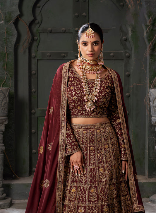 Gorgeous Maroon Codding Georgette Bridal Lehenga Choli With Dupatta