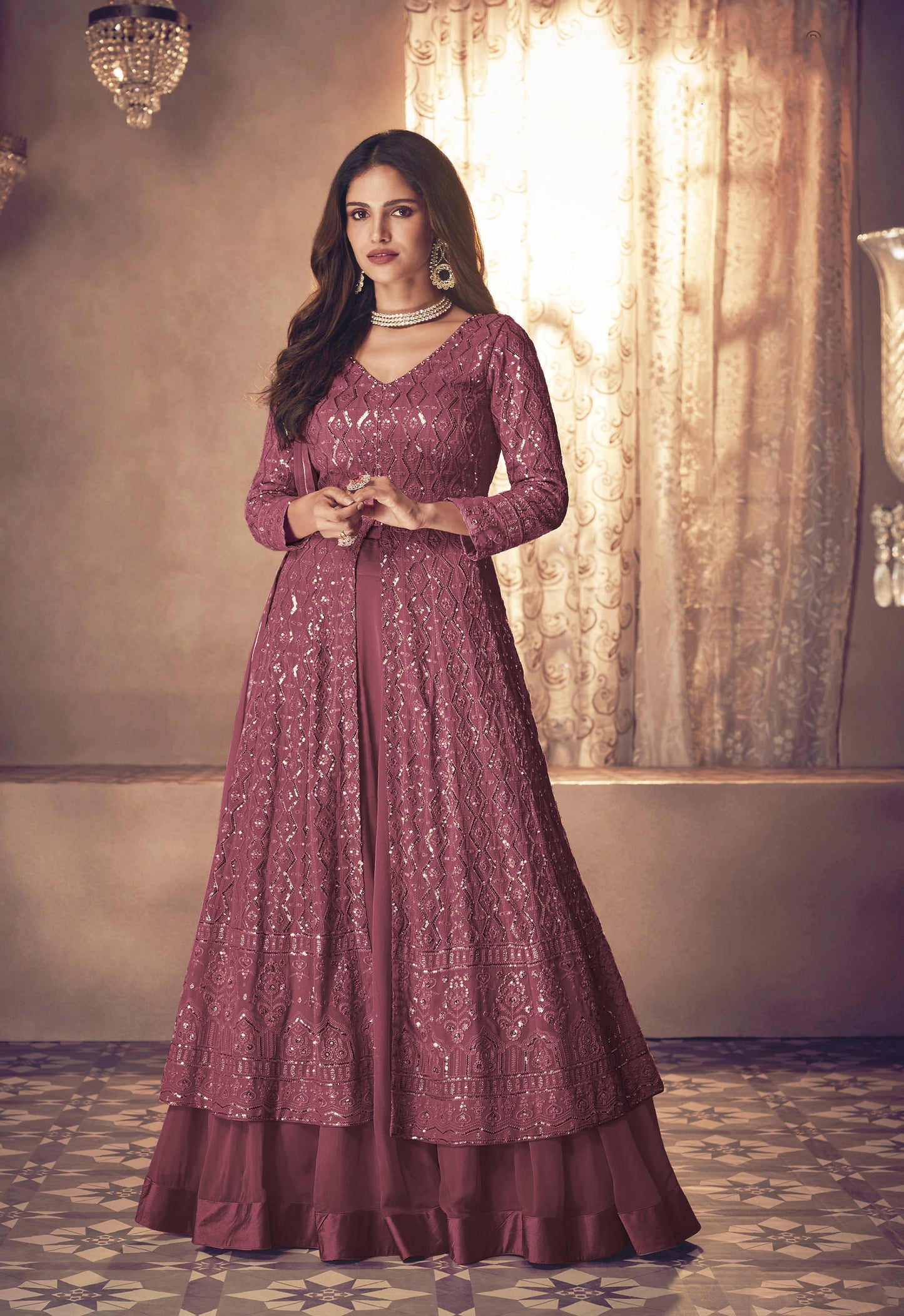 Mauve Pink Georgette sequins embroidered lehenga