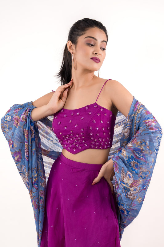 Royal Megenta crop top, Umbrella frilled Skirt with Bangle duppata