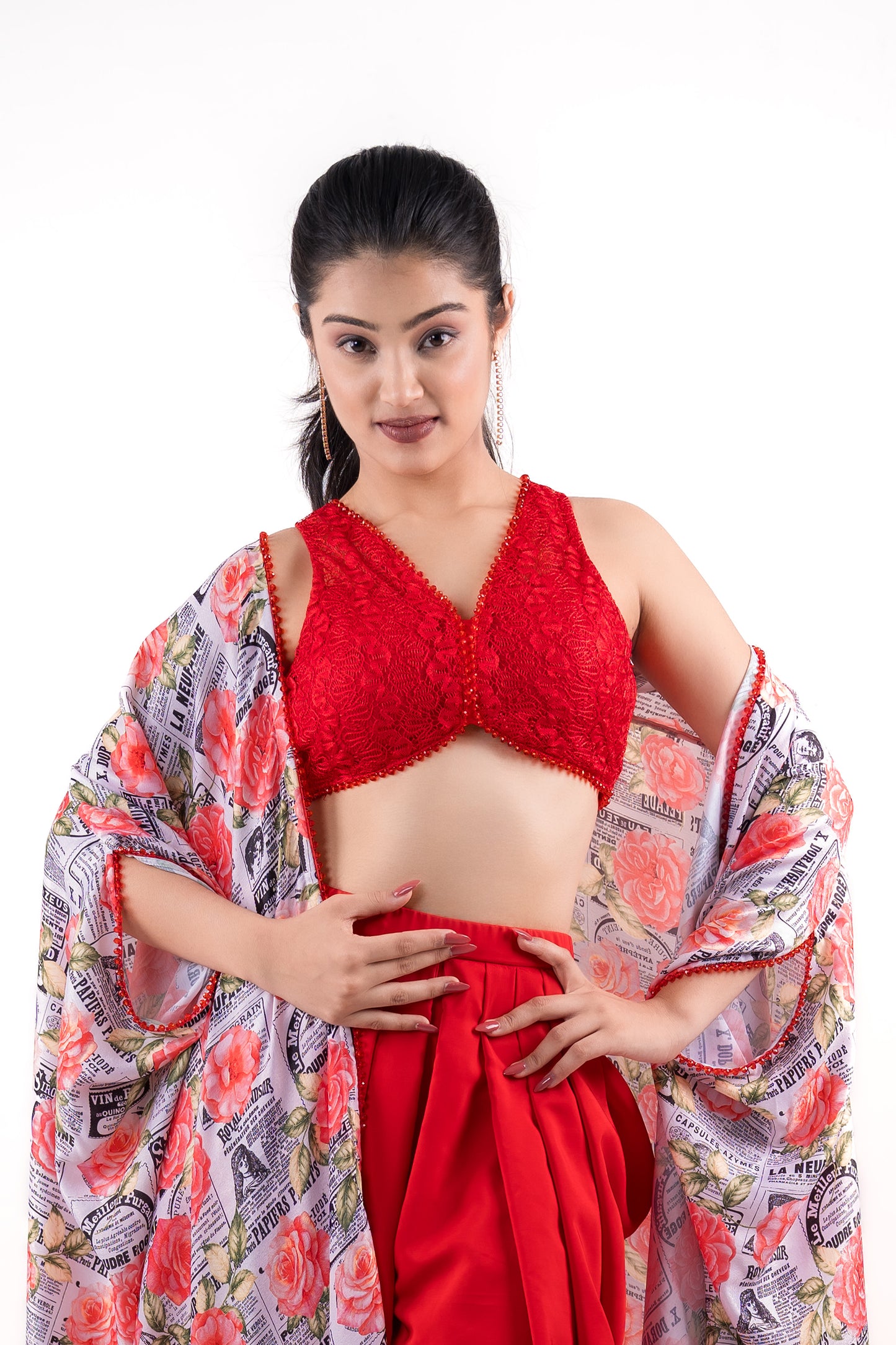 Blood Red draped dhoti pants paired with lace crop top