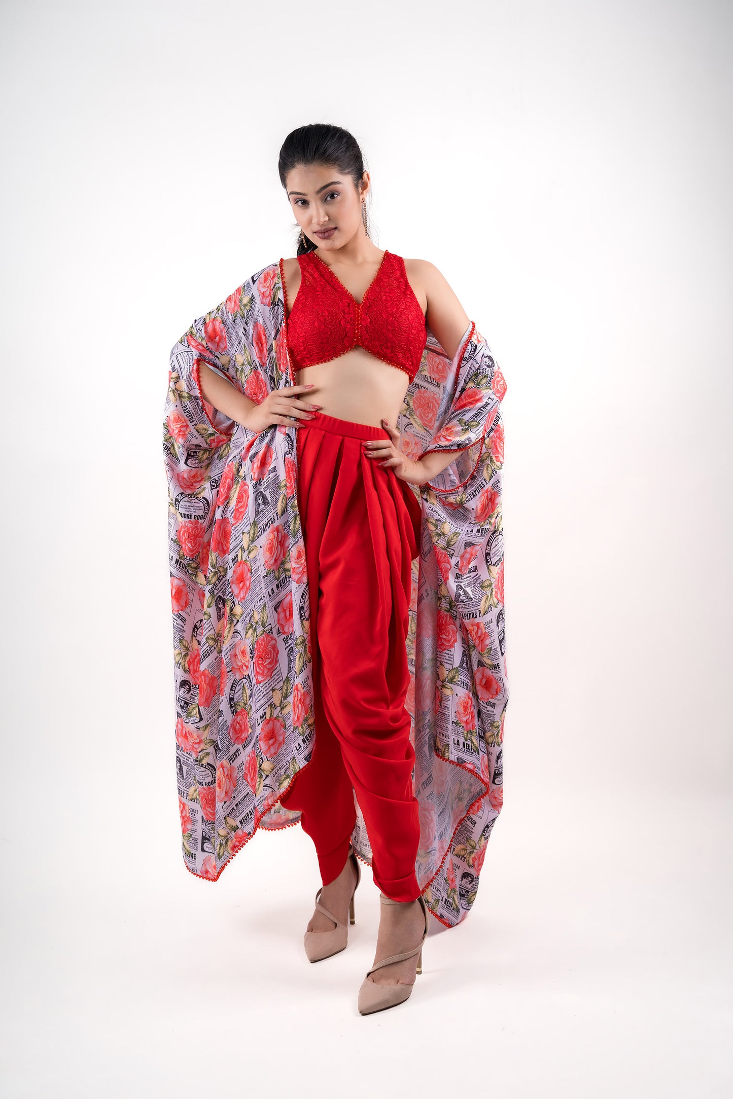 Blood Red draped dhoti pants paired with lace crop top