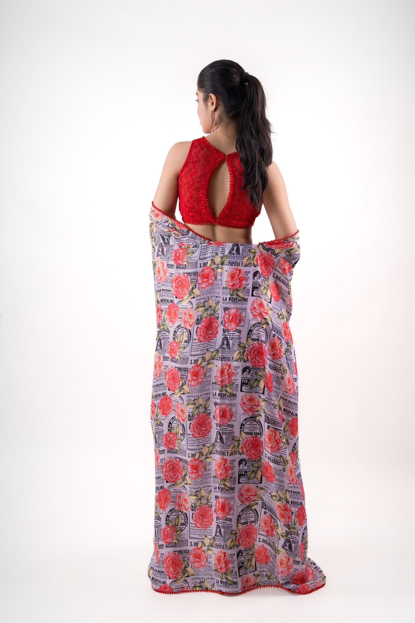 Blood Red draped dhoti pants paired with lace crop top