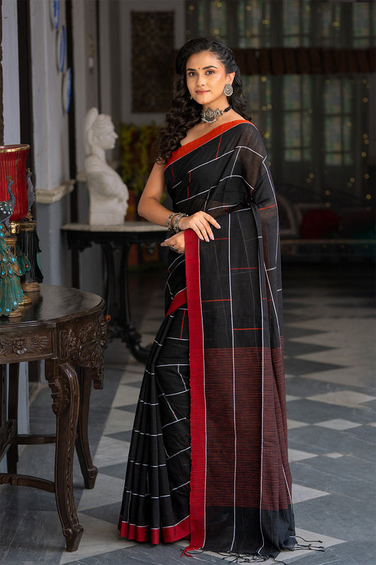 Handloom Black Soft Cotton Brick Check Saree