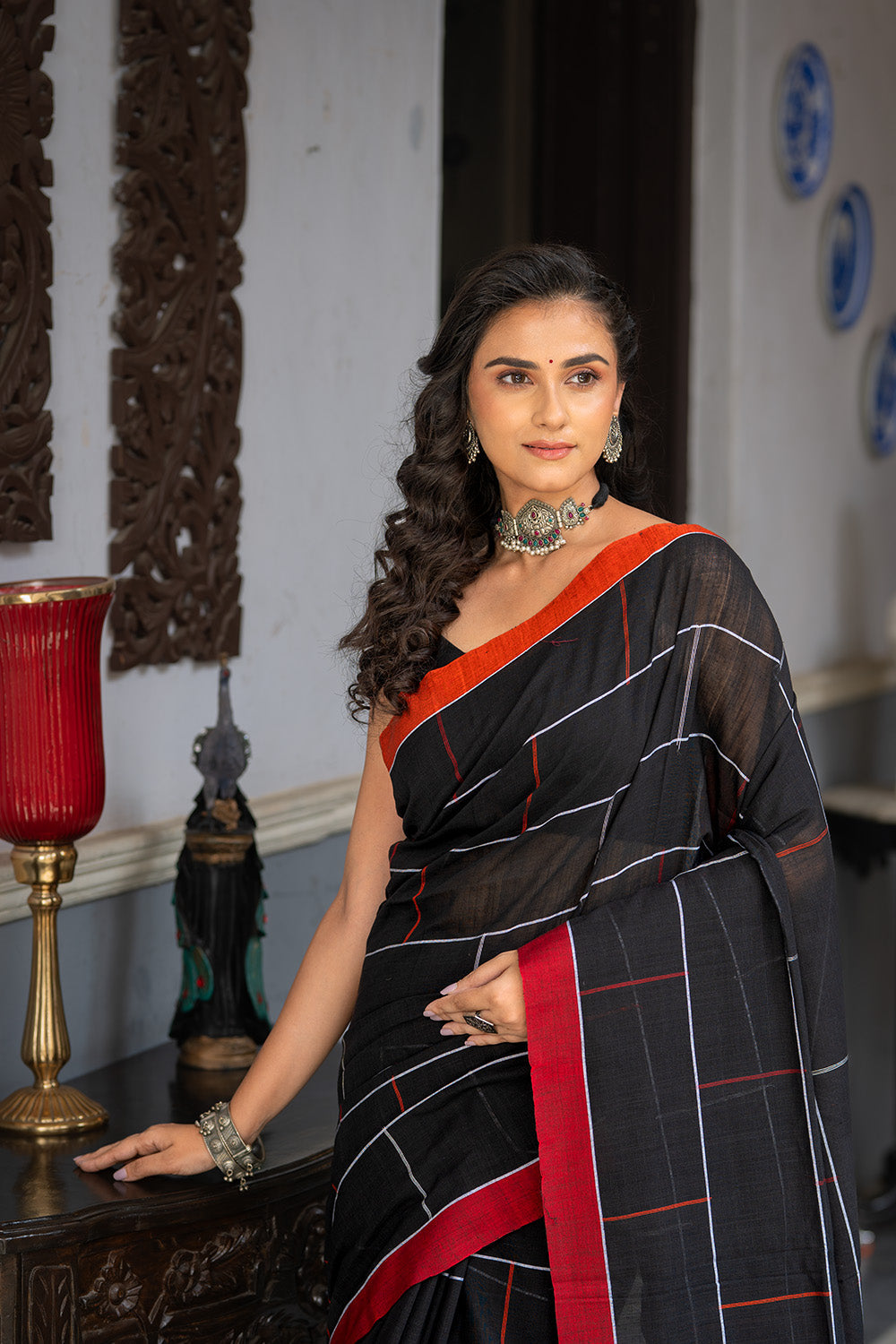 Handloom Black Soft Cotton Brick Check Saree