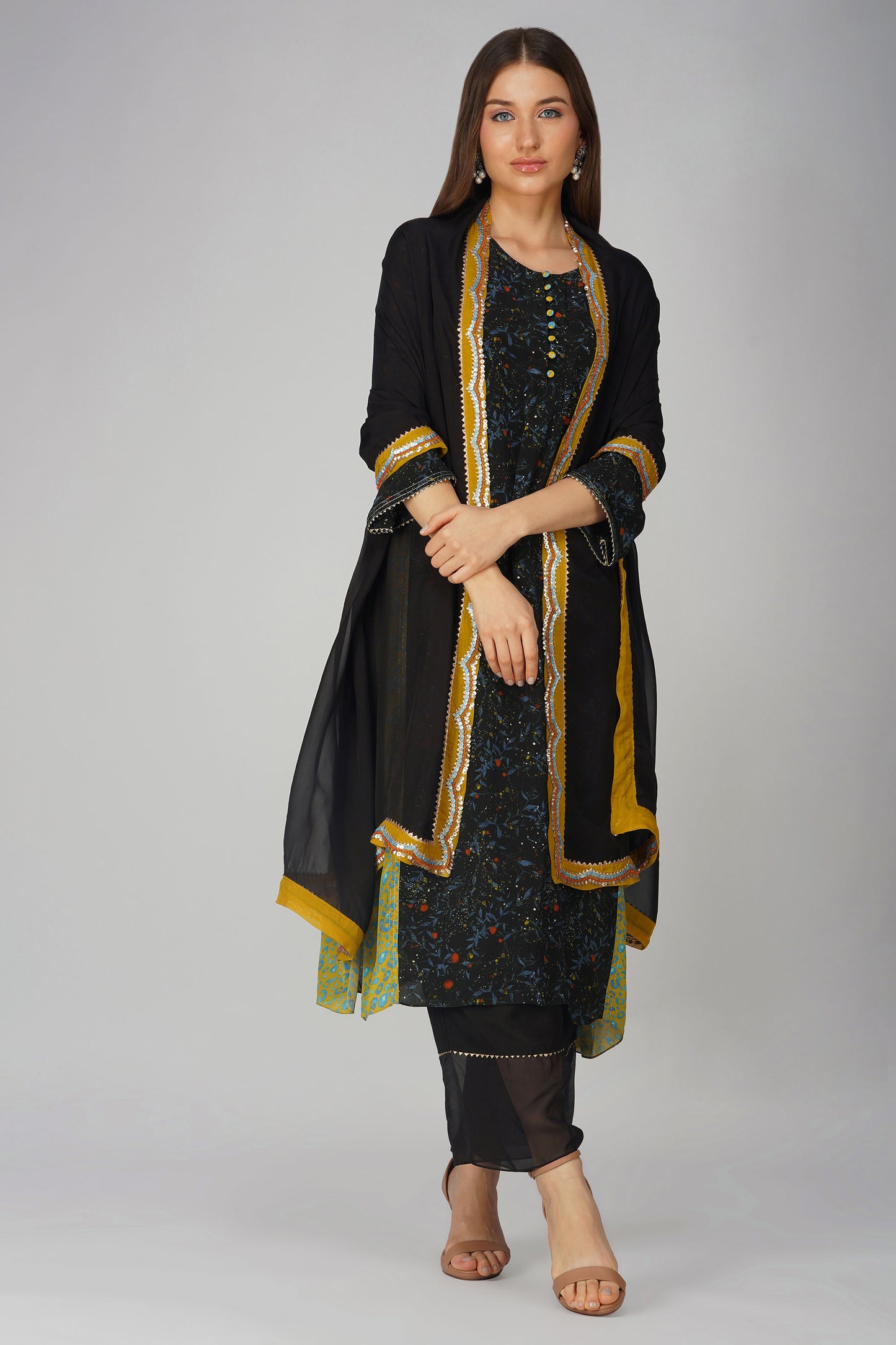 Black Small Leaf Print Panelled Kurta Set